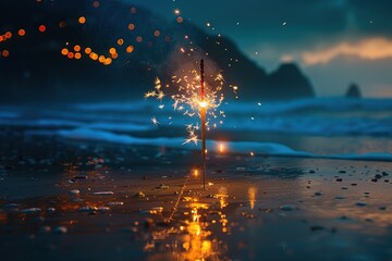 Fototapeta premium Sparklers glowing bright drops on beach wanderlust sightseeing blue lights on background