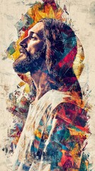 Obraz premium Portrait of a Man with Long Hair and Beard in Vibrant Colors