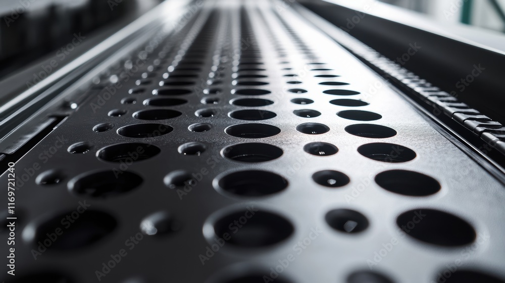 Poster a macro shot of a conveyor belt with a precise arrangement of components highlighting a lean product