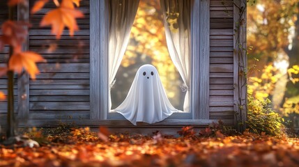 A charming image of a cute sheet ghost peeking through a window of a modern house during Autumn.