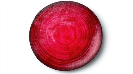 Close-up of a sliced beet showing its vibrant red rings and texture against a white background.