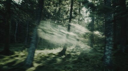 Obraz premium Ethereal Light Rays Cutting Through Dense Forest Shadows