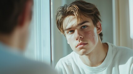 Fototapeta premium Young man looking thoughtfully at reflection in bright room