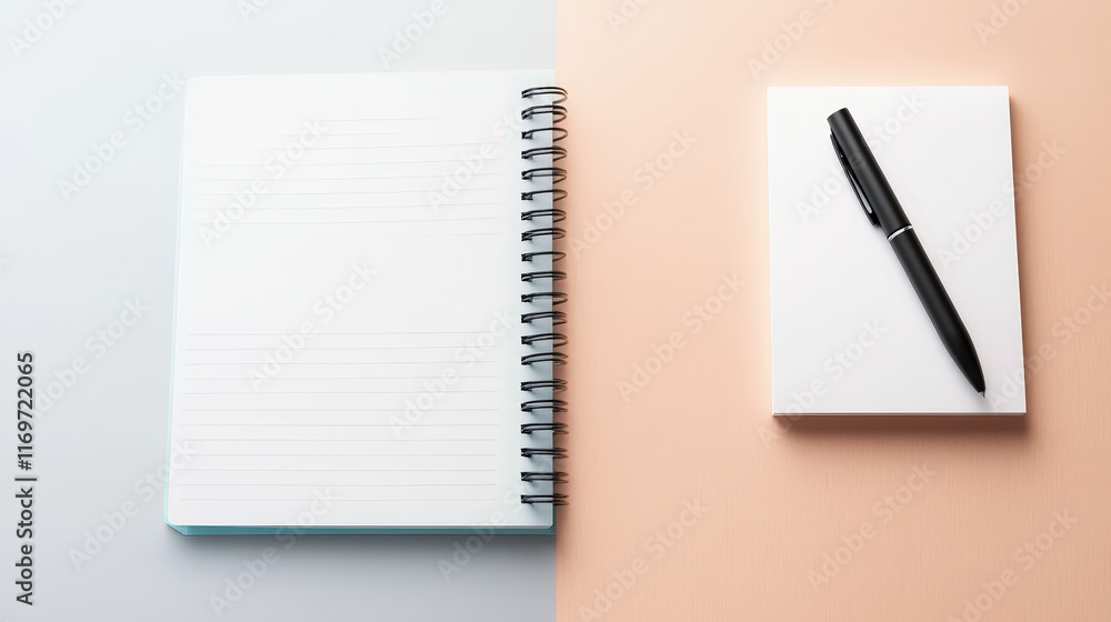 Poster blank notebook and notepad with pen on pastel background