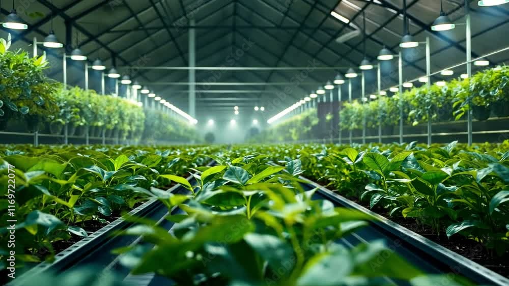 Poster in a spacious greenhouse, rows of vibrant green plants spread across the floor, under soft artificia