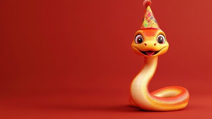Fototapeta premium A cheerful snake donning a festive party hat, embodying the joy and spirit of the Chinese New Year celebration.