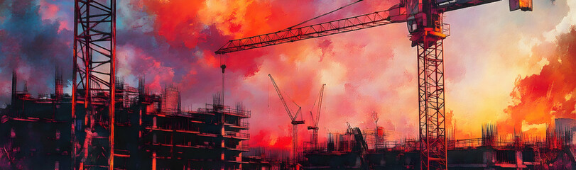 Tower crane at a bustling construction site under a vibrant sky