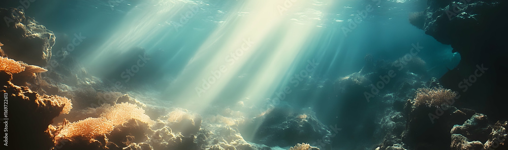 Poster tranquil underwater scene with light rays filtering through the ocean depths, creating a serene wall