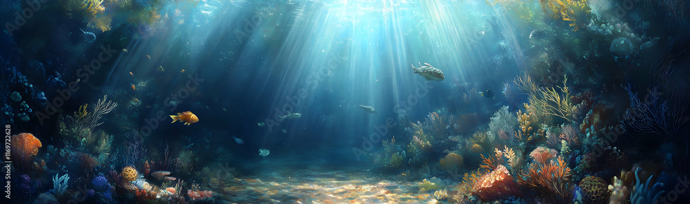 Poster tranquil underwater scene with light rays filtering through the ocean depths, creating a serene wall