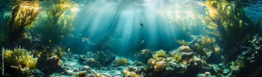 Poster tranquil underwater scene with light rays filtering through the ocean depths, creating a serene wall