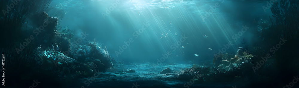 Poster tranquil underwater scene with light rays filtering through the ocean depths, creating a serene wall
