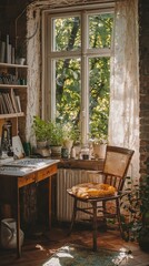 Obraz premium Cozy Artistic Workspace by Window with Greenery and Natural Light