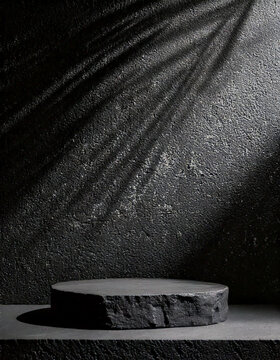 Dark stone podium for beauty and spa cosmetic brand product placement on black background wall. Luxury granite natural material and neutral aesthetic bathroom shelf. Minimal trendy mockup template