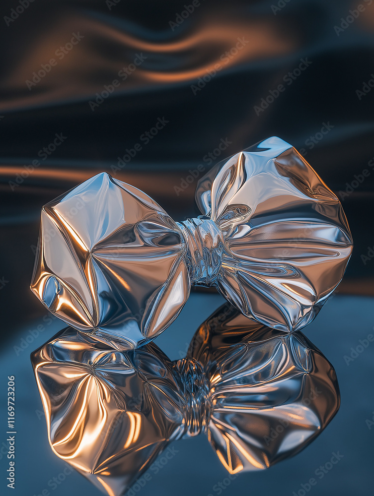 Poster shiny metal bow with detailed surface reflections and folds, placed on a dark reflective surface wit