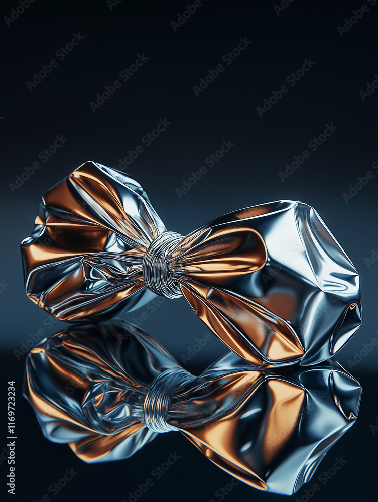 Poster shiny metal bow with detailed surface reflections and folds, placed on a dark reflective surface wit