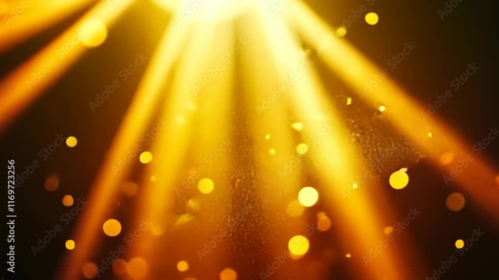 Poster bright golden rays and sparkling particles create a vibrant atmosphere in a dark setting