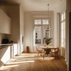 Fototapeta premium Sunlit minimalist kitchen and dining area with wooden floors and large windows.