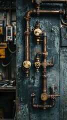 Rusty Industrial Water Pipes on Grungy Wall in Workshop Setting