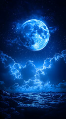 Fototapeta premium Blue moon over a tranquil seascape at night, illuminated clouds and stars.