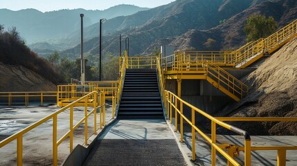 Industrial facility stairs and platforms with yellow railings against a mountain backdrop.