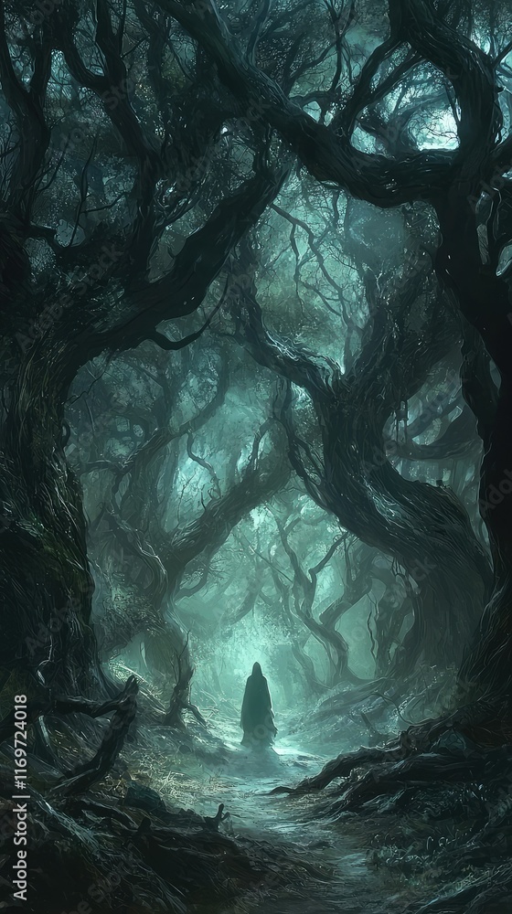 Poster enchanted twilight forest with dark twisted trees and mist