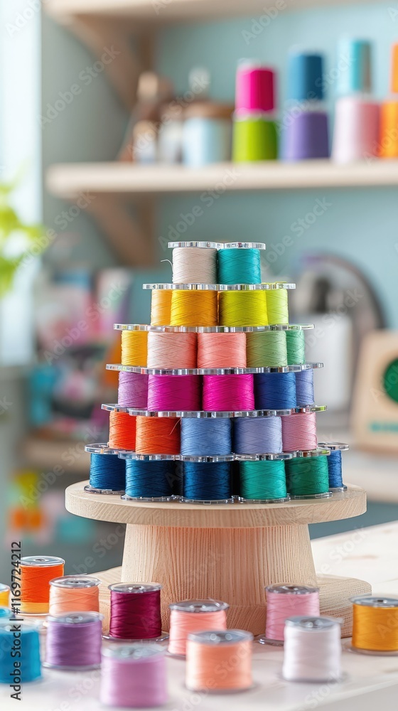 Poster colorful thread spools arranged in a creative display on table