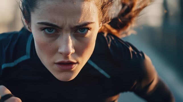 A close-up shot of a person’s intense and determined expression while running, emphasizing focus and perseverance.
