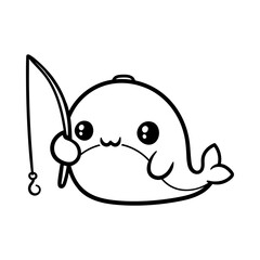 fun whale fishing cartoon isolated drawing line art style sketch classic vintage design illustration