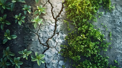 Concept art of cracked Earth transitioning into lush greenery, symbolizing climate change and hope
