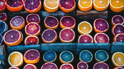 Colorful halved oranges and blood oranges in wooden crates.
