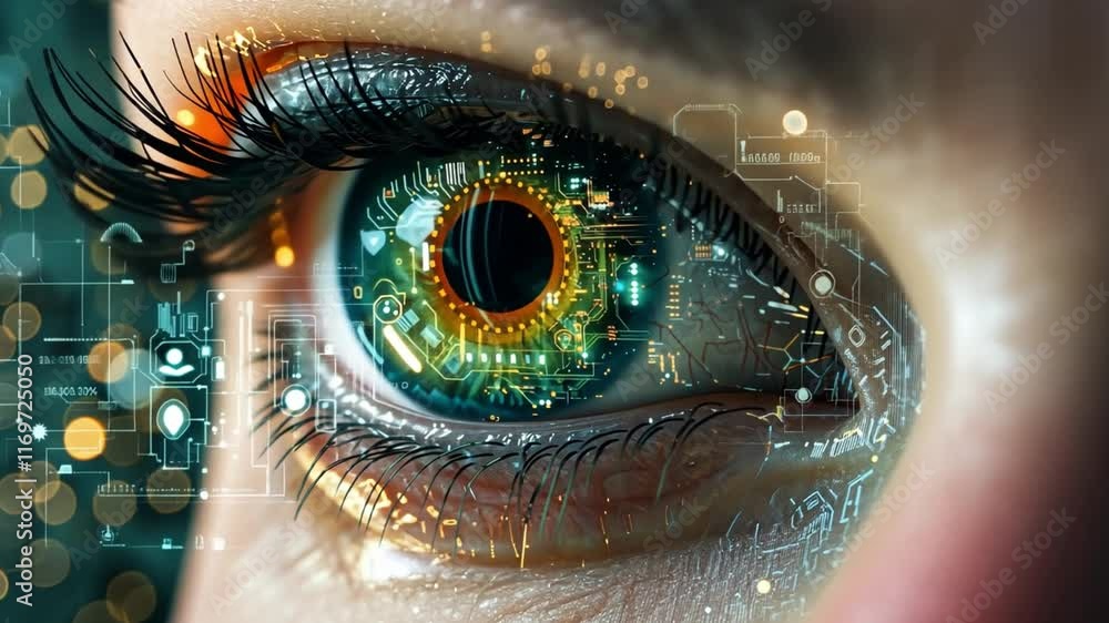 Aufkleber a close-up view highlights a human eye integrated with intricate circuit designs, reflecting technol