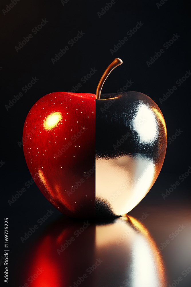 Poster metallic apple with polished metal on one side and vibrant red natural apple on the other, creating 