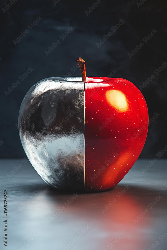 Poster metallic apple with polished metal on one side and vibrant red natural apple on the other, creating 