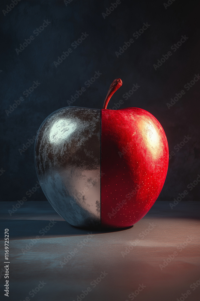 Poster metallic apple with polished metal on one side and vibrant red natural apple on the other, creating 