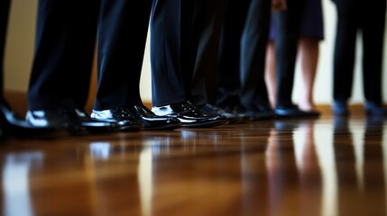 A close-up view of business people&rsquo;s legs, dressed in formal attire, as they wait for a job interview.