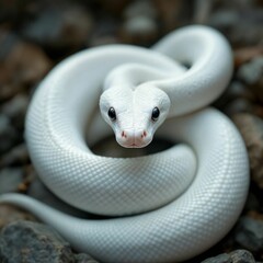 Fototapeta premium White snake on the stone. Close up. Selective focus.