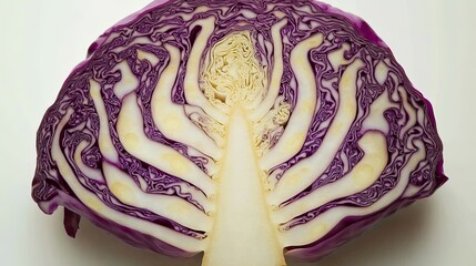 Fototapeta premium Cross-section of a vibrant purple red cabbage, revealing its intricate internal structure and layers.