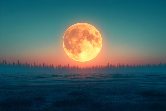 Huge orange moon rising over a misty landscape at twilight.