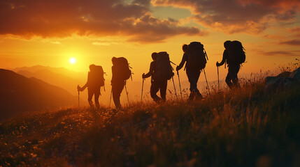Fototapeta premium silhouette of ten hikers standing on the edge of an outdoor mountain