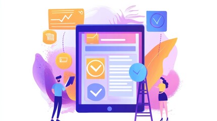 Checklist business performance monitoring concept, Business using tablet online survey filling out check digital form task, online survey question form, target marketing planning with quality control