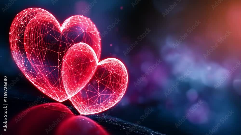 Poster illuminated heart shapes in bright red tones glow against a blurred background of soft lights, creat