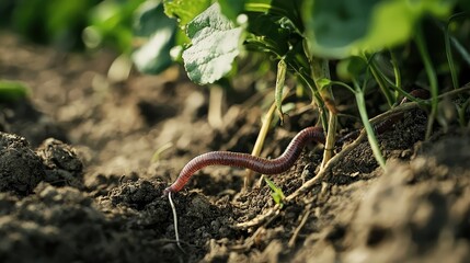 Close-up of Earthworm Crawling Through Rich Soil in Garden Bed