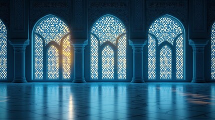 3D render of a light blue mosque window with an Islamic pattern background, glowing and shining in the dark room. Vector illustration, configured for GBuilder. background. 
