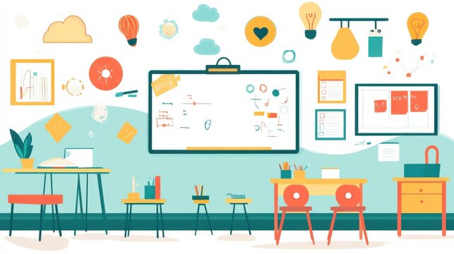 Modern Classroom with Interactive Whiteboard and Tools