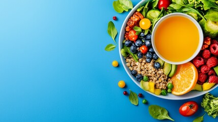 Vibrant Balanced Meal on a Plate with Fresh Fruits, Vegetables, and Healthy Ingredients on Blue Background