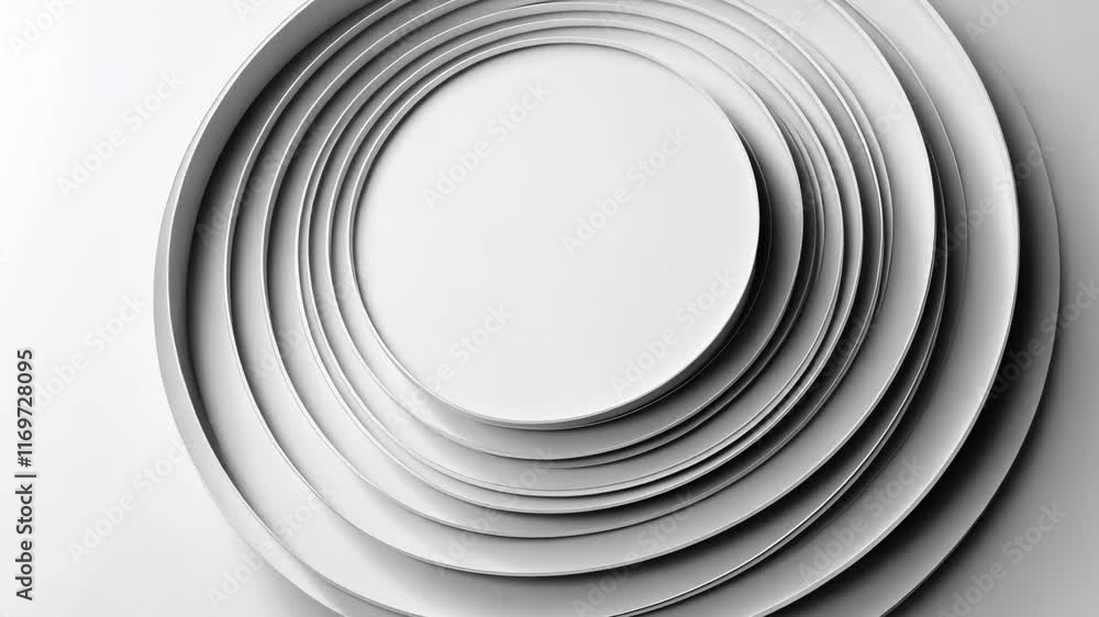 Poster circular arrangement of white plates showcases minimalist design and elegant simplicity in a modern 