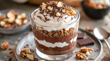 A decadent layered chocolate dessert topped with whipped cream, crunchy nuts, and delicate chocolate shavings, offering a rich and indulgent treat.