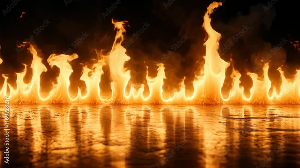 Poster flames dance on a reflective surface, creating a striking visual display of light and heat during a 