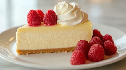 A delectable slice of classic cheesecake topped with fresh raspberries and a dollop of whipped cream, showcasing a perfect blend of creamy, sweet, and tangy flavors.