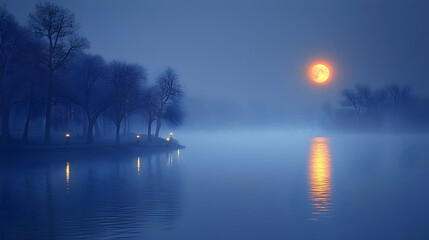 Obraz premium Misty lake scene with large orange moon and silhouetted trees.